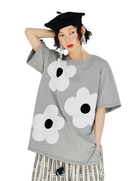 

drop shoulder floral print tee u29n#, White