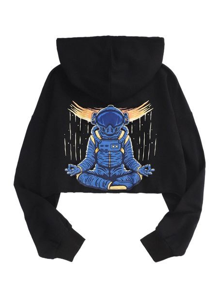 

x movinkgraphic raw hem cartoon graphic hoodie i6lr#, Black