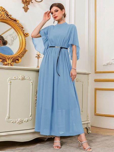 

mock neck butterfly sleeve belted chiffon prom dress p5bn#, Black;gray