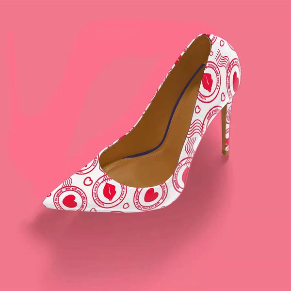 

spring fall luxury heels pointed toes dress shoes pink kiss printed high heel valentine's day pu slip on women pumps plus size, Black