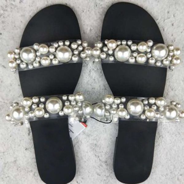 

2021 women bohemian pearl slippers flat bottom sandals summer open toe ladies shoes crystal flip flops shoes chaussure femme dfdfhdfhzaah, Black