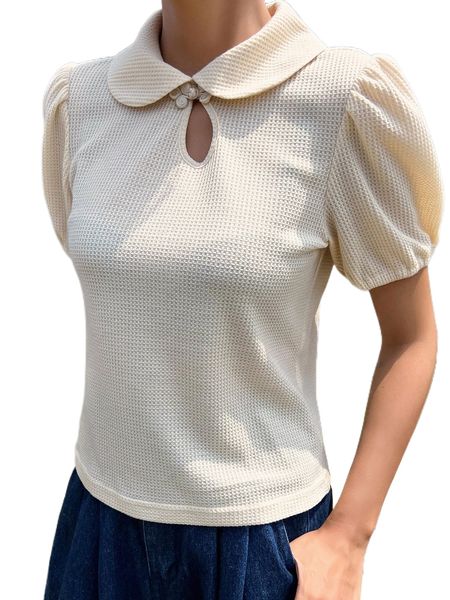 

dazy frog button keyhole neck puff sleeve waffle knit tee w3dp#, White