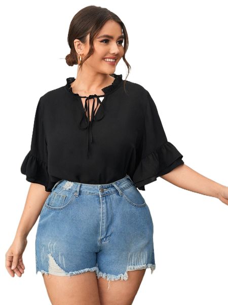 

plus layered sleeve tie neck blouse t1vi#, Black