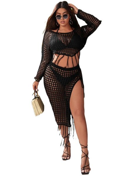 

plus fringe hem cover up m1tv#, Black
