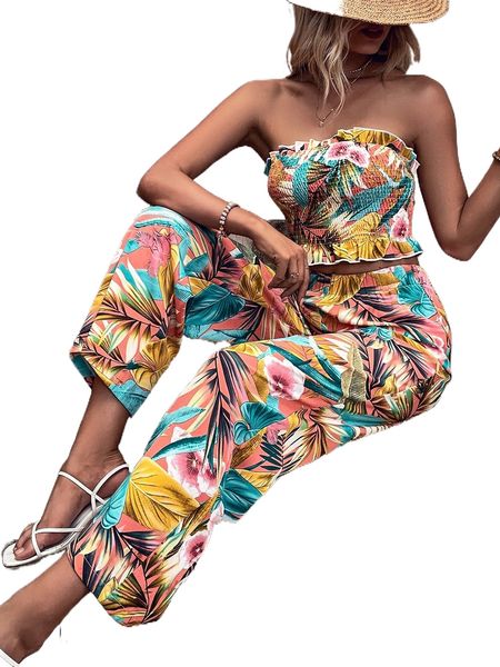 

tropical print shirred ruffle trim tube & pants d9pj#, White