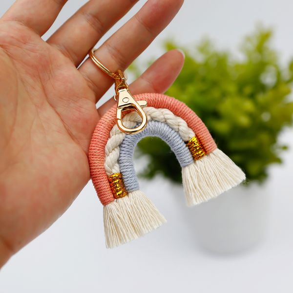 

new hand-woven rainbow tassel keychain pendant women knitted crochet bag keychains jewelry gift accessories bulk price, Silver