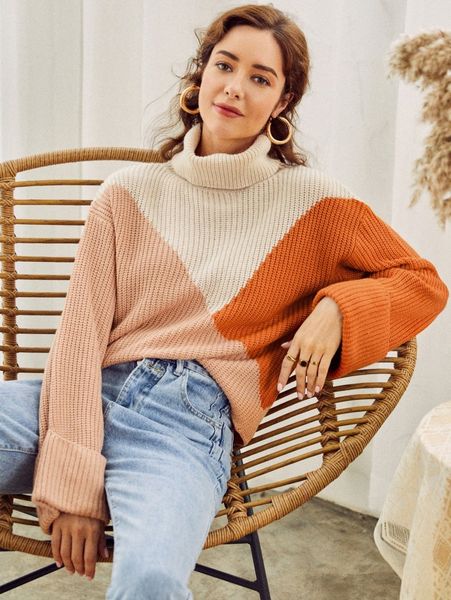 

simplee turtle neck color block sweater v8iu#, White;black