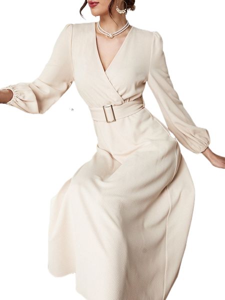

surplice neck lantern sleeve belted dress a6dt#, Black;gray