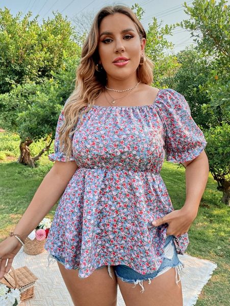 

plus all over floral print puff sleeve blouse t4iw#, Black