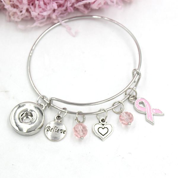 

new arrival wholesale breast cancer believe bracelet expandable wire bangle women gift snap jewelry, Golden;silver