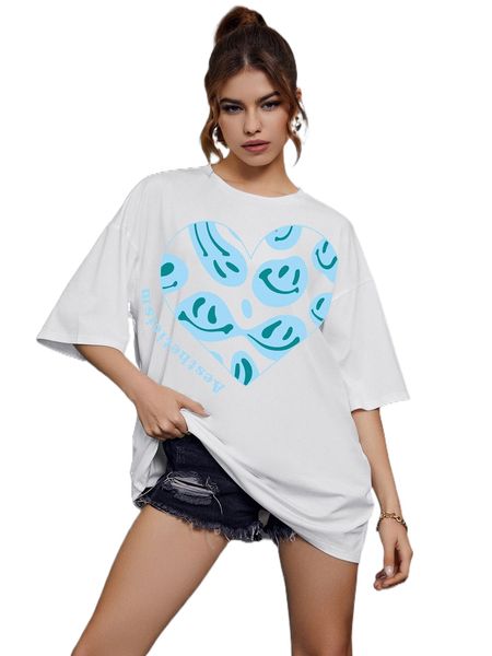 

letter & cartoon face print drop shoulder tee v6hk#, White