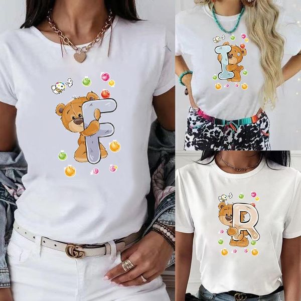 

harajuku summer women t shirts t-shirts casual 26 english bear letter printed female shirt short sleeve streetwear clothing, White