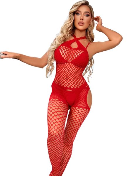 

cut-out cross crotchless bodystocking y8pi#, Black;red
