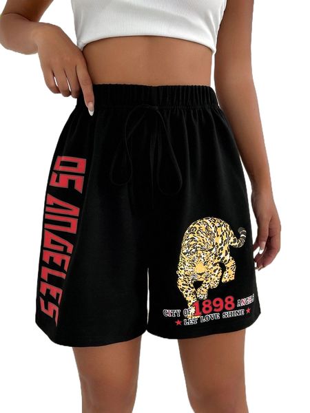 

tiger & slogan graphic knot front shorts p10d#, White;black