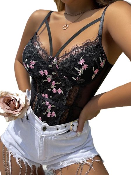 

floral embroidery lace trim bodysuit g6sd#, White