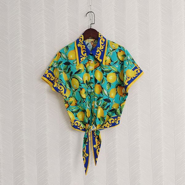 

runway fashion women's t-shirt cotton shirt lemon print short sleeve, White