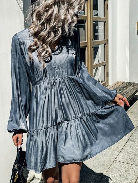 

lantern sleeve ruffle hem dress o1vn#, Black;gray