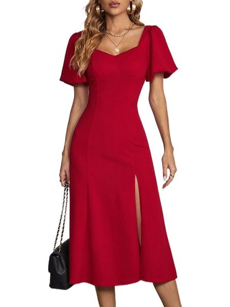 

puff sleeve split thigh dress 38yq#, Black;gray