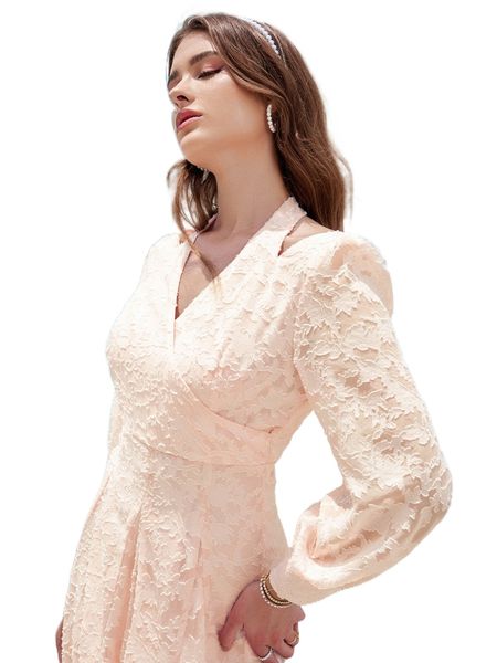 

floral embossing cut out surplice neck bishop sleeve dress x7oj#, Black;gray