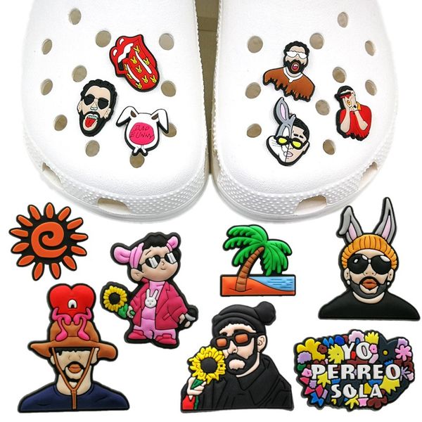 

moq 100pcs bad bunny pattern croc charms 2d soft pvc clog shoe parts accessories fashion shoe buckles decorations fit men sandals kids wrist, White;pink