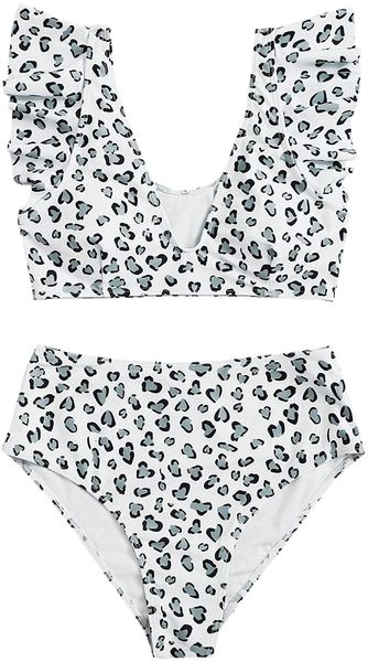 

women's leopard bathing suit ruffle high waist bikini 2 piece v neck swimsuit 34zb#, White;black