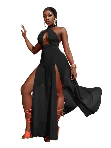 

sxy halter neck split thigh chiffon dress f4ba#, Black;gray