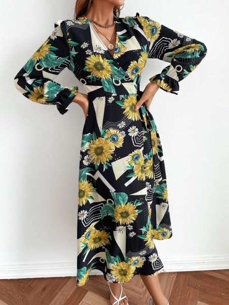 

sunflower print flounce sleeve tie side wrap dress b1op#, Black;gray