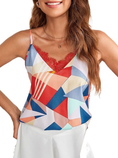 

geo print lace trim cami l3hk#, White