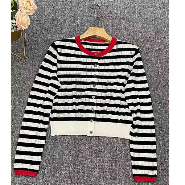 

women's knits tees  home color contrast black and white stripe small fragrance celebrity hollowed out mulberry silk cotton round neck