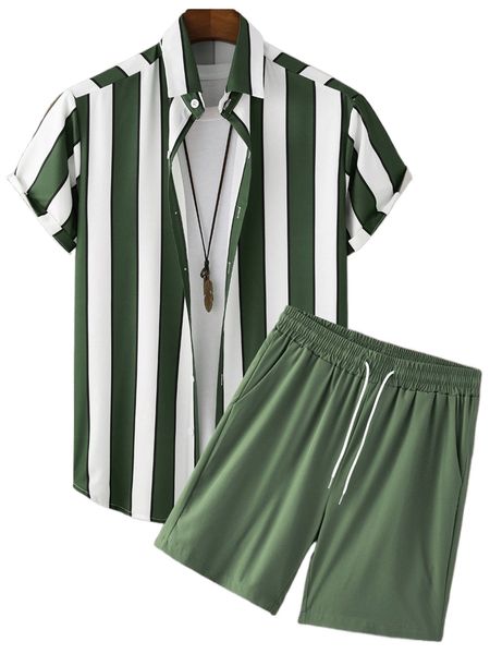 

men random striped shirt & drawstring waist shorts without tee y2tx#, Gray