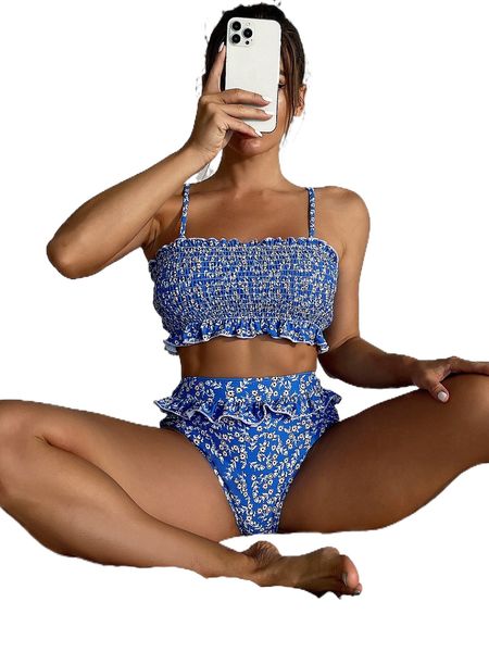 

floral smocked frill trim high waisted bikini swimsuit c0jx#, White;black