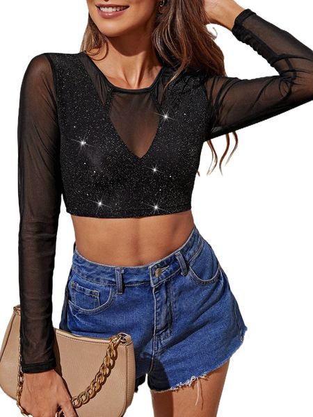 

glitter contrast mesh crop d3e3#, White