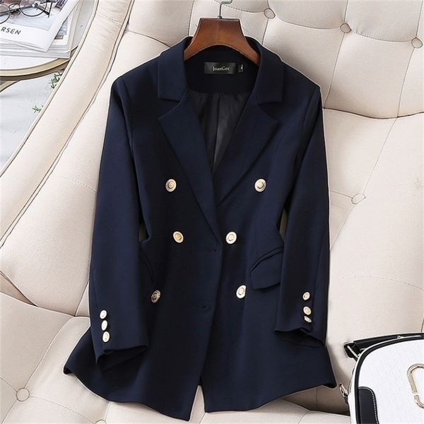 

new spring and autumn ladies office elegant double breasted blazer jacket feminine small suit blue y201026, White;black