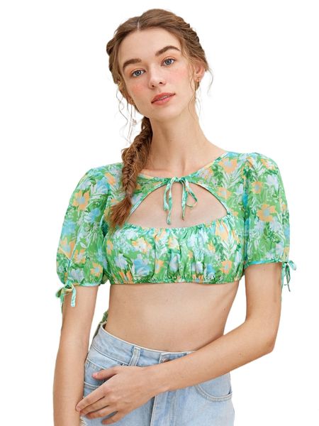 

floral print tie front crop g7rq#, White