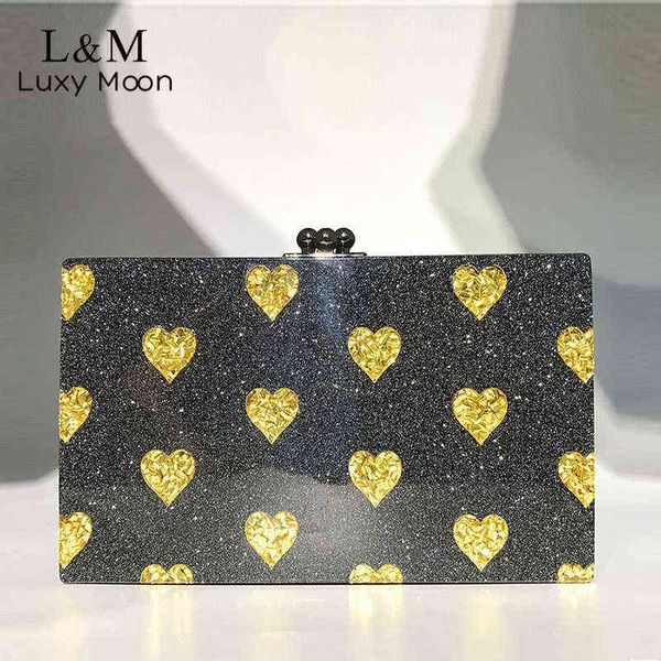 

evening bags heart printed women clutch bag shiny black square acrylic hard box wedding purse small ladies hand bag chain shoulder bag x806h