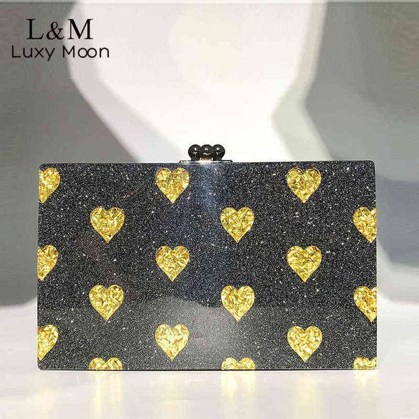 Evening Bolsas Coração Impresso Mulheres Embreagem Saco Brilhante Quadrado Preto Quadrado Acrílico Caixa Devicada Bolsa De Casamento Pequenos Sacos De Mão Saco De Mão Chain Saco De Ombro X806H 220318