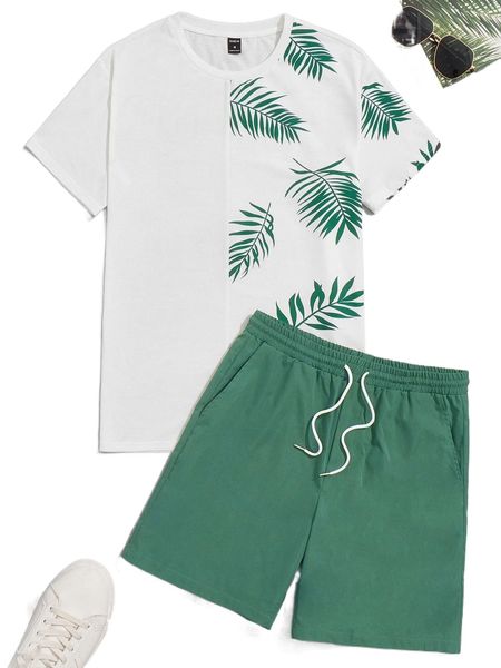 

men tropical print & shorts set s08d#, Gray