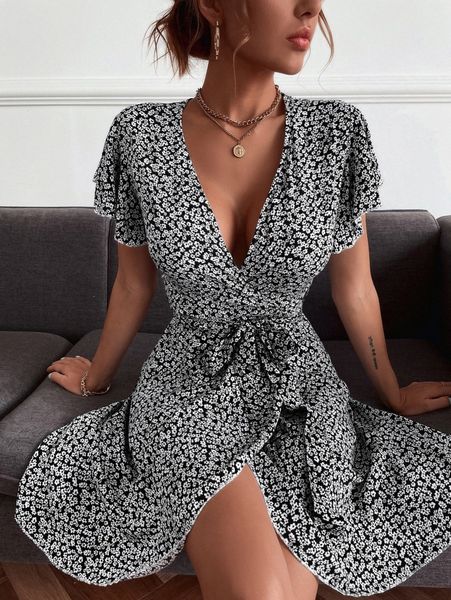 

surplice front ditsy floral belted dress p5qo#, Black;gray