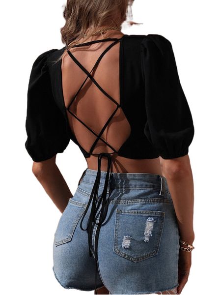 

lace up backless puff sleeve crop blouse n7ta#, White