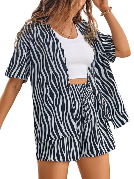

zebra striped drop shoulder blouse & paperbag waist tie front shorts e8fl#, White