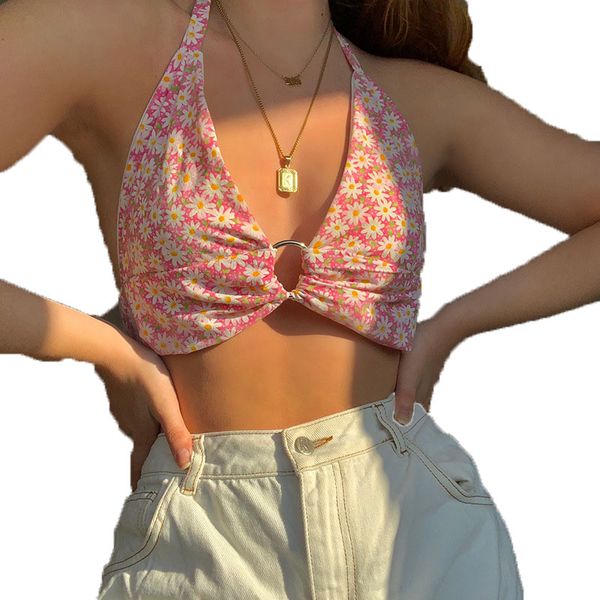 

women's tanks & camis summer style daisy print ring back lace halter top, White