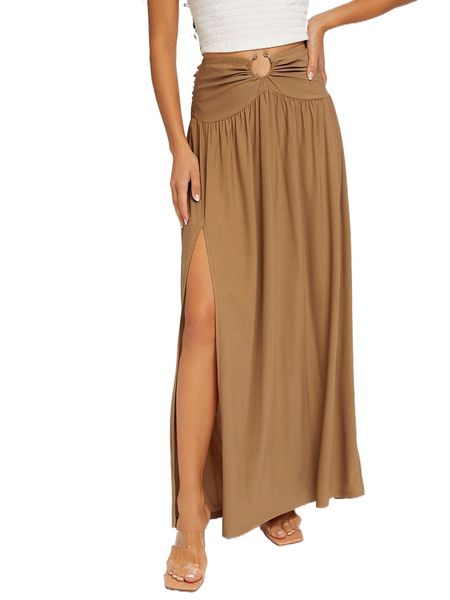 

ring ruched waist split thigh skirt b4ba#, Black