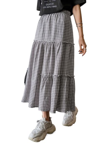 

dazy high waist plaid layered hem skirt f63b#, Black
