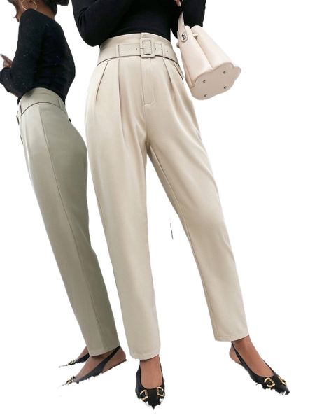 

high waist plicated belted pants e28g#, Black;white