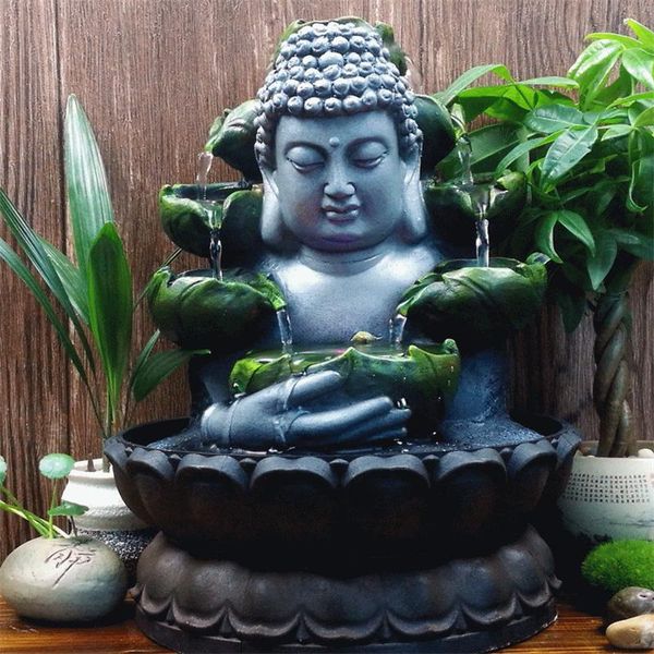 Objetos decorativos Figuras decorações criativas resina resina fluindo cachoeira de água Led Fonte Buda estátua Lucky feng shui ornamentos