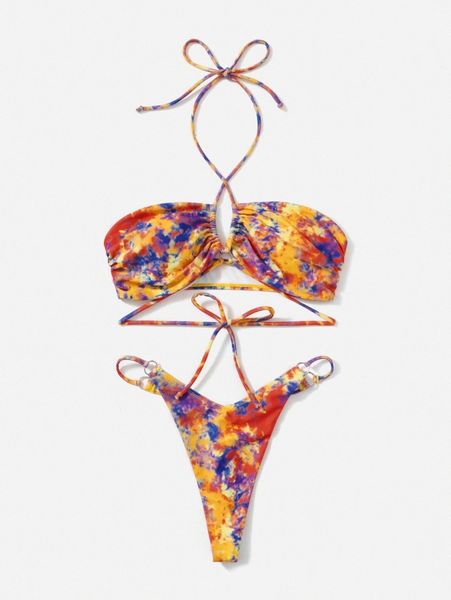 

allover print criss cross bikini swimsuit g1ta#, White;black