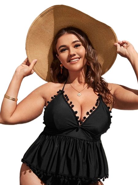 

plus pom pom trim tie back peplum halter bikini m3jd#, Black