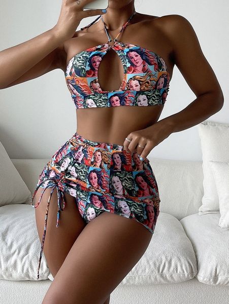 

figure graphic bikini swimsuit with beach skirt b89i#, White;black