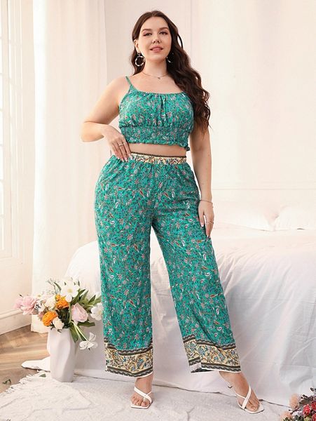 

plus floral print shirred cami & pants c936#, Black