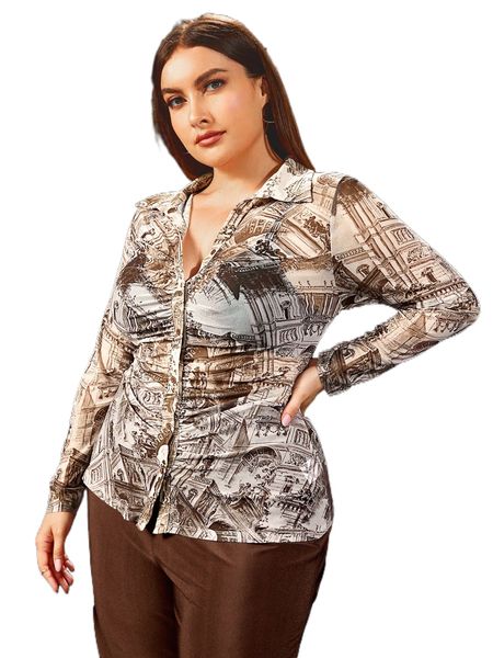 

plus collared buttoned front ruched allover print mesh blouse o8vt#, Black